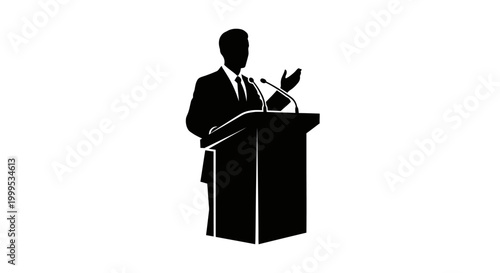 Businessman speaking, black silhouette icon, presentation podium, public speaking