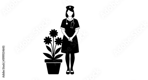 Black silhouette of a woman with flowers, potted plant illustration, gardening icon, floral design element