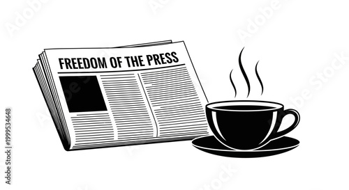 Newspaper, cup of coffee, freedom of press, journalism symbol, editorial illustration