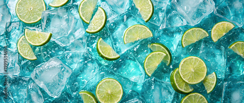 Sliced limes and ice cubes on a vibrant blue background in close-up photography