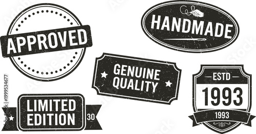 Vintage Quality Badge and Stamp Label Set Featuring Approved, Handmade, Genuine Quality, Limited Edition, and Established Year Emblems for Retro Branding Designs