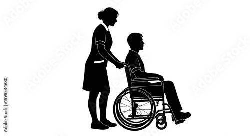 Black silhouette of woman helping a man in wheelchair, disability support vector icon