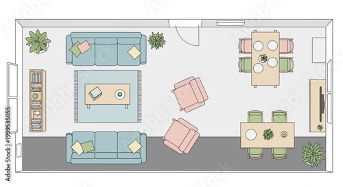 Top view interior design plan of living room and dining area