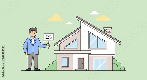 Real estate agent with for sale sign in front of modern house