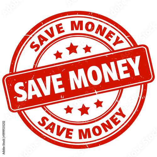 Red grunge circle stamp with bold Save Money text on transparent background. Distressed vintage seal for retail discount, savings concept, budget shopping and money-saving promotions.