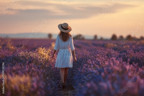 Dreamy woman wandering in blooming lavender at sunset