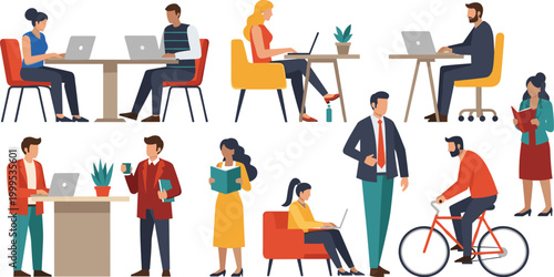 Modern People Working and Daily Lifestyle Activities Illustration Set Featuring Laptop Users, Office Workers, Readers, Cyclist, and Coffee Shop Scenes