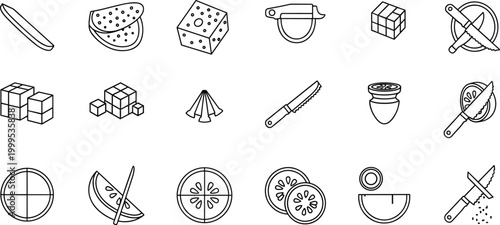 Set of kitchen cutting and food preparation line icons vector collection for cooking design
