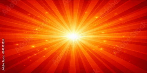 An abstract red vector background featuring a bright sunburst of orange and yellow rays that create a glowing star explosion with warm energy and light beams