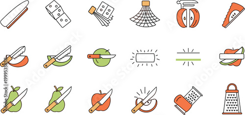 Set of fruit slicing and food preparation icons flat vector collection for kitchen and cooking design
