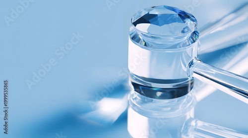 A glass gavel on a reflective surface symbolizes justice