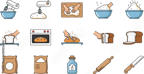 Set of bread baking and dough preparation icons flat vector collection for bakery and cooking design