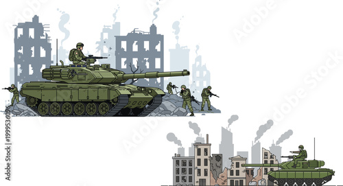 Military Tank in Urban Battlefield Scene with Soldiers and Destroyed Buildings Illustration Set for War, Defense, and Army Combat Concept Designs