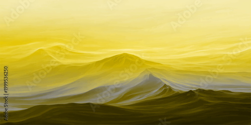 A summer sunset illuminates the yellow sand dunes of the desert landscape under a vibrant yellow and blue sky filled with clouds