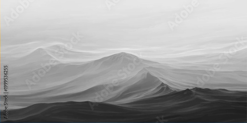 A panoramic winter travel view of cold snow covered mountains under a blue sky with clouds and fog over a frozen nature landscape