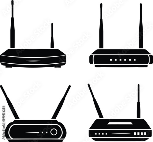 Wireless router icon set isolated on transparent background, WiFi network hardware and broadband internet connectivity collection