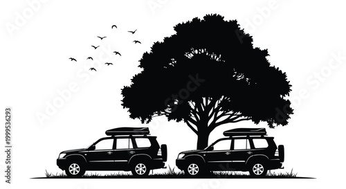 Two suvs with roof racks under trees black silhouette high quality