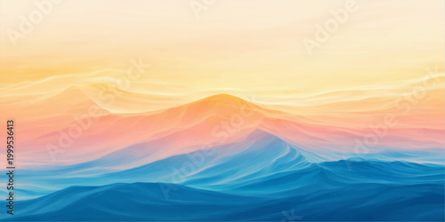A panoramic landscape of a glowing orange sunrise and sunset over the sea and mountains where the sun lights up the red sky, clouds, and morning fog across the ocean horizon at dusk