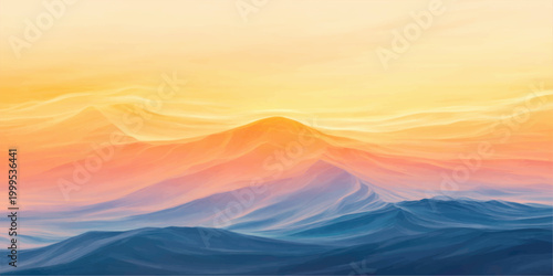 A vibrant sunset casts orange light over a vast mountain landscape as the sun dips below a desert valley shrouded in evening fog and clouds