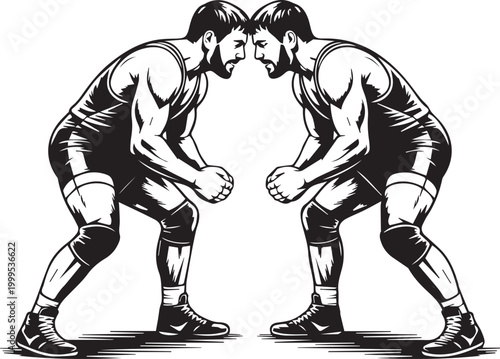 “Two Wrestlers Grappling – Hand Drawn Retro Sports Vector”