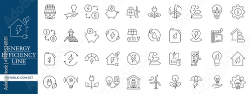 Energy Efficiency Line Icons Set, Renewable Energy Green Technology Outline Vector Collection Editable Stroke