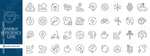 Energy Efficiency Line Icons Set, Renewable Energy Green Technology Outline Vector Collection Editable Stroke
