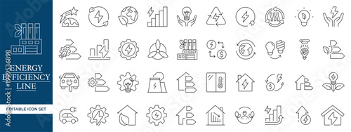 Energy Efficiency Line Icons Set, Renewable Energy Green Technology Outline Vector Collection Editable Stroke