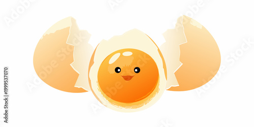 Cute anthropomorphic fried egg hatching from eggshell vector illustration