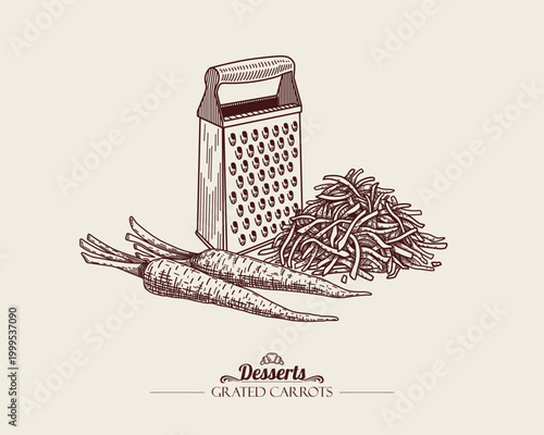 Two carrots, grated pile carrots and a vegetable grater. Linear vector illustration, monochrome line art.