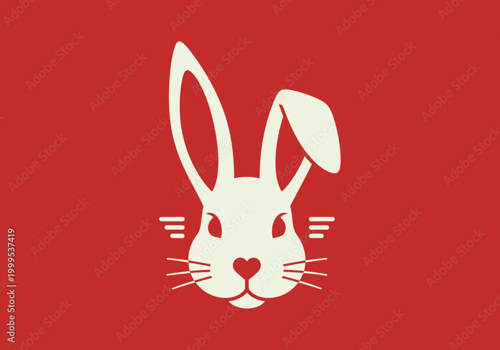 Obraz premium Minimalist white rabbit head on red background with heart nose