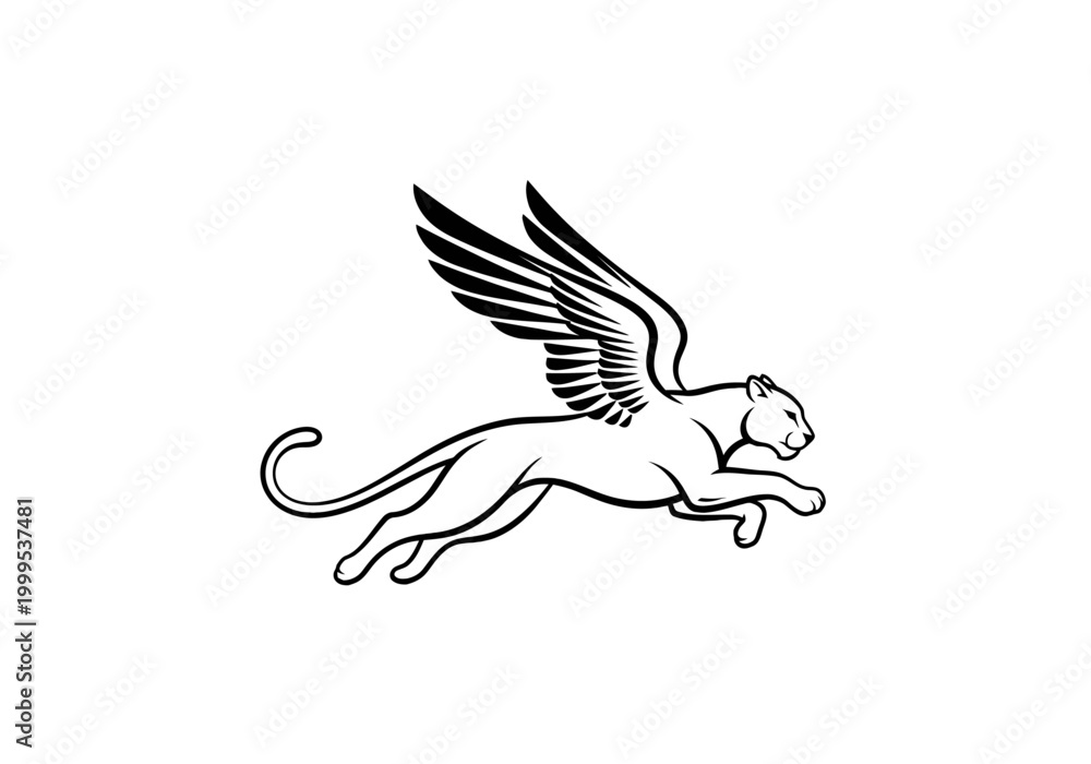 Obraz premium Minimalist winged cougar logo icon jumping on white background
