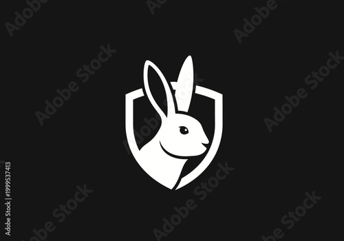Minimalist white rabbit head logo inside shield on black background