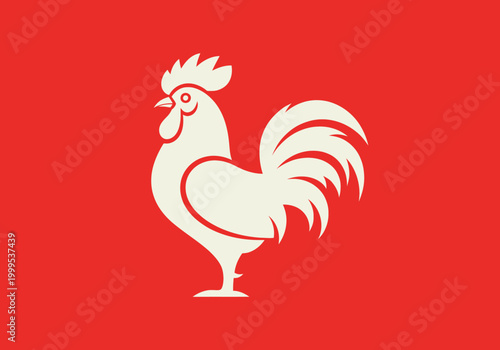 Minimalist white rooster silhouette on solid red background
