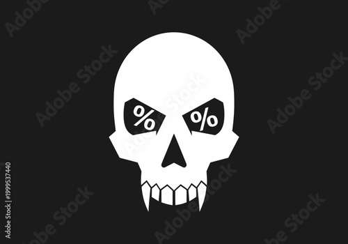 Minimalist white skull with percentage eyes on black background