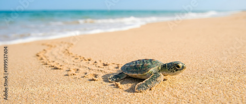A baby sea turtle crawling on the sandy beach leaving tracks behind