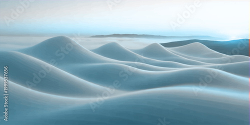 A cold winter landscape of blue silk fabric ripples like frozen waves of ice and frost under a sky of textured satin