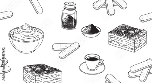 Seamless Pattern of Hand Drawn Italian Dessert Ingredients and Coffee for Culinary Design and Food Menu Backgrounds