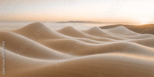 Smooth golden sand dunes create a soft silk texture with orange waves and light curves in this desert landscape nature backdrop