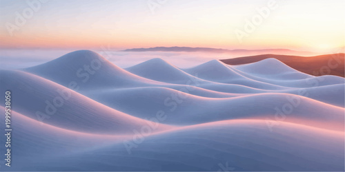 A golden sunrise glows over the orange sand dunes of the Sahara desert as clouds drift above distant snow-capped mountains in this dry winter travel landscape