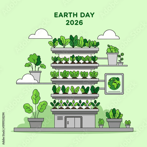 Eco-Friendly Vertical Farm Building with Lush Green Plants and Earth Day 2026 graphic