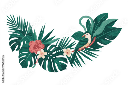 Tropical paradise bird with exotic leaves floral botanical illustration.