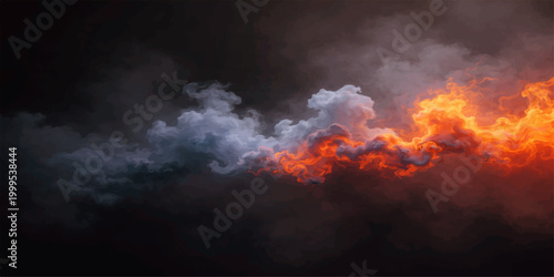 Dramatic orange and red fire in the sky creates an abstract texture across dark stormy clouds during a beautiful sunset nature cloudscape