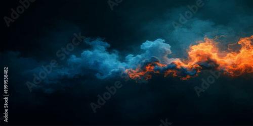 Dramatic fire explosion and smoke billow across a dark orange sunset sky filled with bright clouds for a powerful abstract nature background