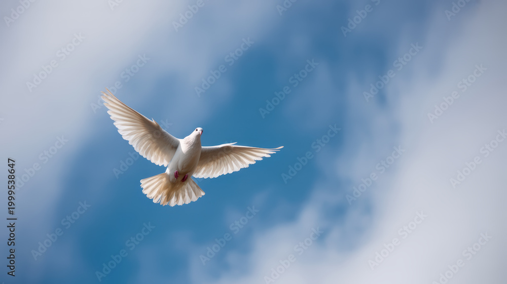 Fototapeta premium White Dove Flying In Blue Sky With Clouds For Peace Concepts