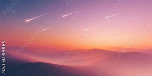 A beautiful landscape view of a colorful orange and yellow sunrise over the mountain horizon with sunlight glowing through clouds at dawn