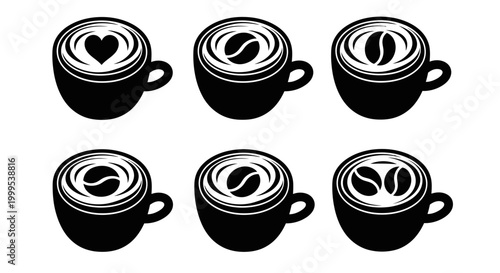 Latte art coffee cup icons from top view featuring heart and coffee bean foam designs for gourmet cafe branding and barista competition marketing materials