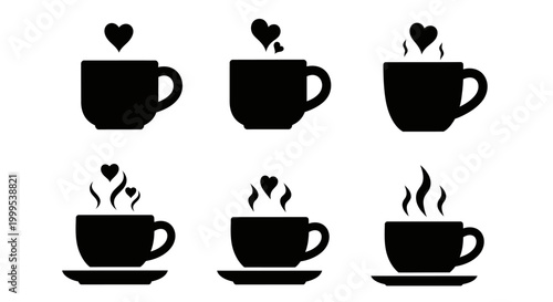 Set of six silhouette icons illustrating ceramic coffee mugs with handles showing steam and love hearts rising above rims