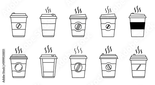 Collection of ten outline icons representing various styles of steaming disposable coffee cups with lids and branding elements