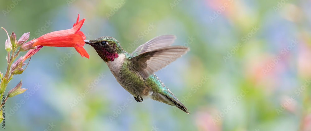 Fototapeta premium A hummingbird hovers in mid-air while feeding on nectar from a vibrant red flower