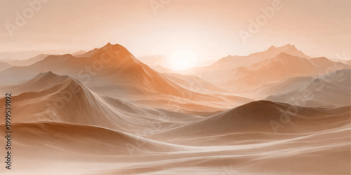 A breathtaking panoramic desert landscape at dusk features a vibrant orange sky with clouds glowing over red sand dunes and rocky mountain valleys during a majestic sunrise or sunset horizon view